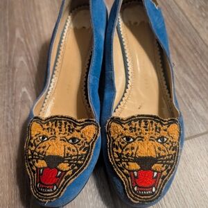 Blue Embroidered Loafers with Leopard Design